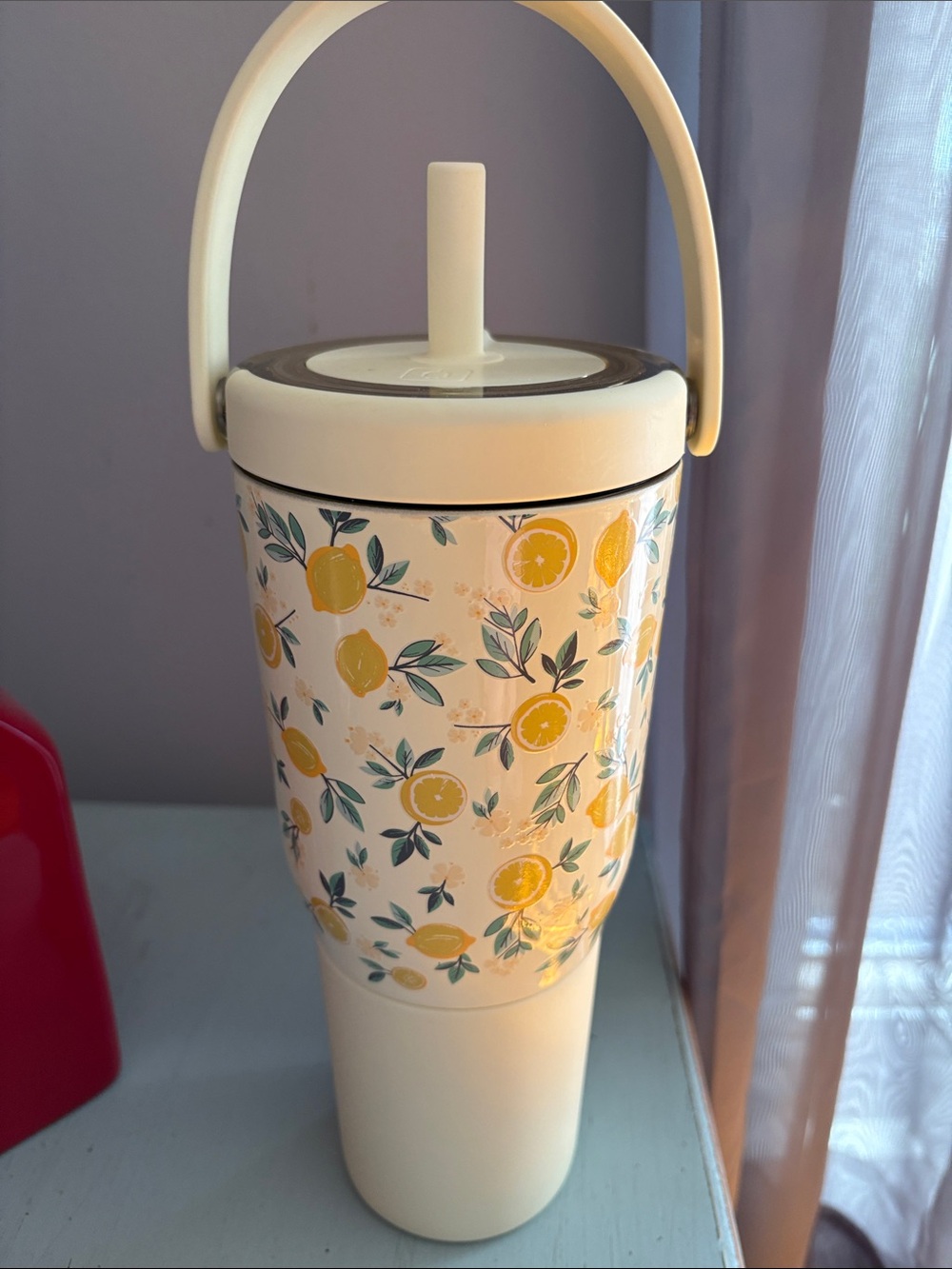 Insulated Cream Tumbler with Lemon Print and Handle
